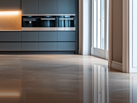 Sanierte Altbauwohnung mit Stuck, Marmor-Fußboden und einer modernen schwarzen L-Küche.