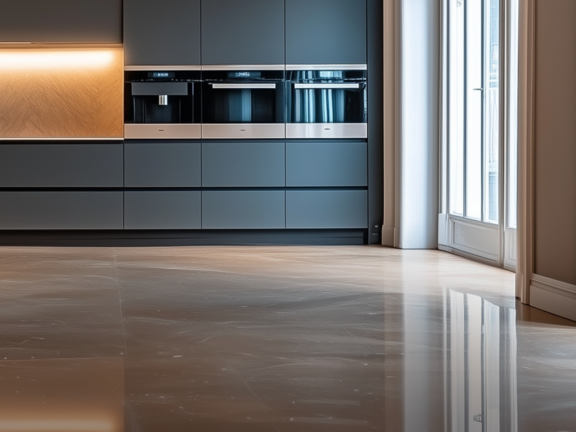 Sanierte Altbauwohnung mit Stuck, Marmor-Fußboden und einer modernen schwarzen L-Küche.