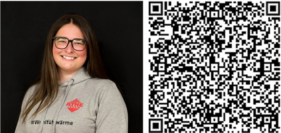 Ansprechpartnerin Amrei-Kathrin Becker von ATHE-Therm inklusive QR Code zum schnellen Kontakt