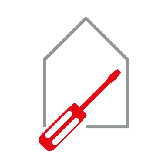 Symbol eines Hauses mit einem Akkuschrauber zur Darstellung des minimalinvasiven Services beim Einbau einer Flächenheizungslösung durch ATHE-Therm